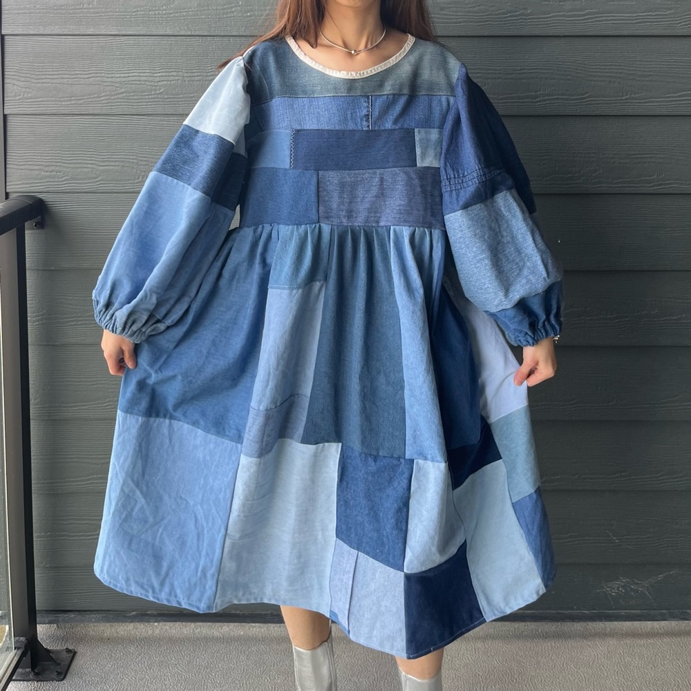 Handmade Denim Patchwork Quilted Puff Sleeves Cottage Dress SKU 04117 - Picture 16 of 16
